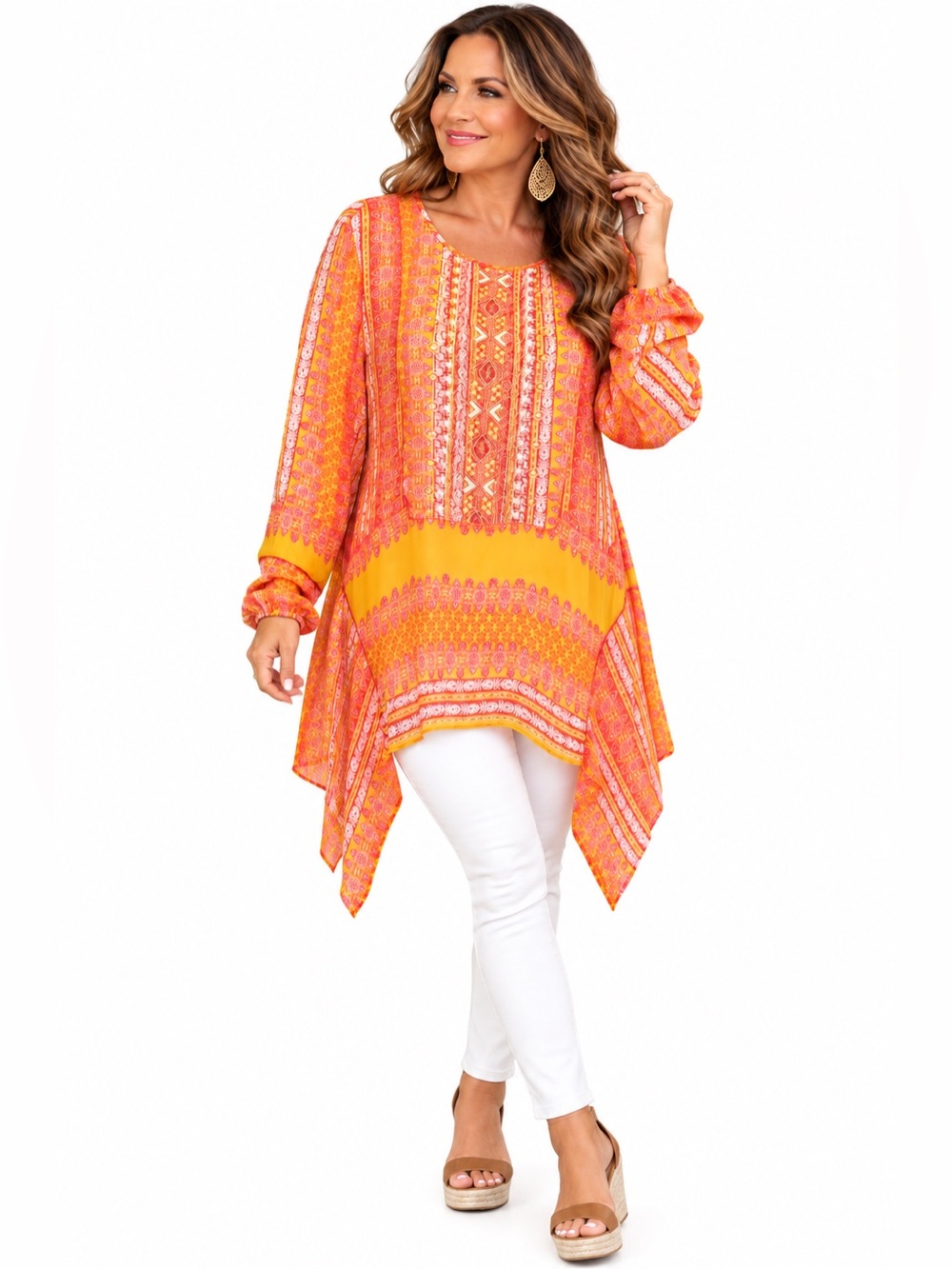 𝙎𝙪𝙣𝙙𝙖𝙣𝙘𝙚 Tunic Top Blouse Large Embroidered Boho Handkerchief Hem Sheer Boho